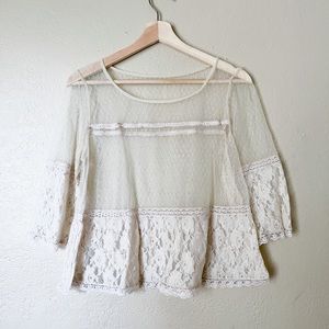 Lace Top Women size S/M Ivory Boho Flowy 3/4 Sleeve Shirt Blouse